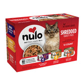Nulo grain-free variety pack shredded wet cat food 12-pack showing three recipes and texture
