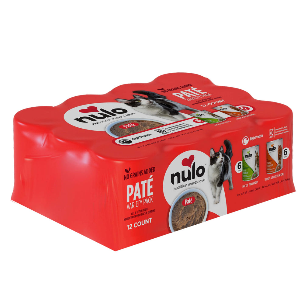 Nulo Variety Flavors Pate Wet Cat Food packaging offers a 12-pack variety for meals