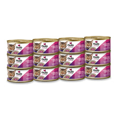 Nulo Wet Cat Food Pate close-up of yellowfin tuna and shrimp highlighting protein-rich appeal.