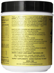 Nupro All Natural Dog Supplement jar close-up with clear ingredient label.