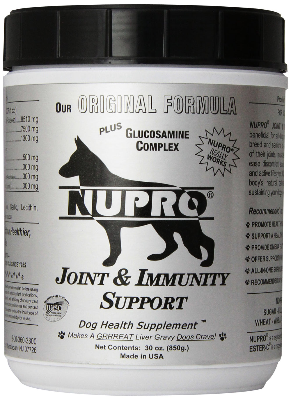 Nupro Joint Support bottle showing all-natural dog supplement for joints.
