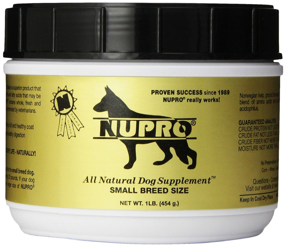 Nupro Nutri-Pet small-breed bottle label showing vitamins for overall wellness