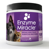 NUSENTIA Enzyme Miracle powder in pet food bowl supports digestion and nutrient absorption.
