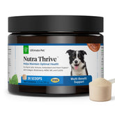 Nutra Thrive Canine powder bacon flavor jar shown for daily nutrition