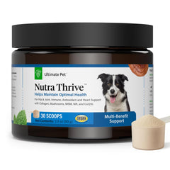 Nutra Thrive Canine powder bacon flavor jar shown for daily nutrition