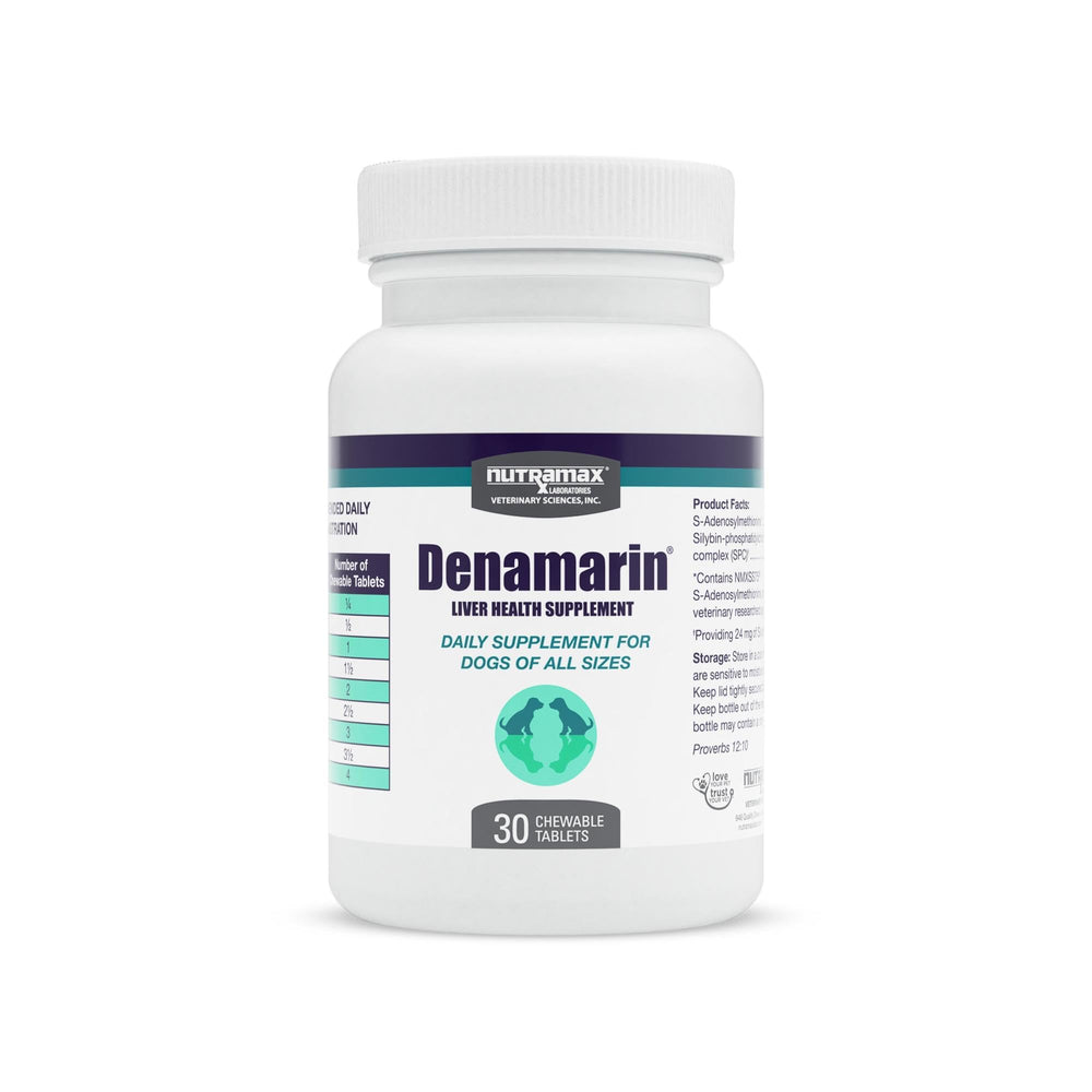 Nutramax Denamarin dog bottle front shows trusted liver support for daily care.