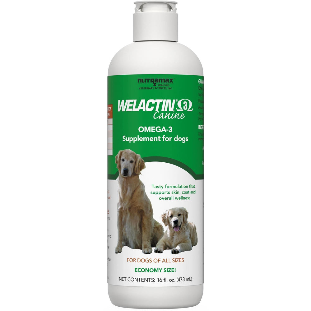 Nutramax Welactin bottle being poured for dogs to support skin and coat.