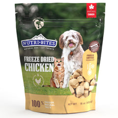 Nutri Bites freeze-dried chicken liver treats in a bag, high-protein reward for pets.