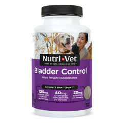 Nutri-Vet Bladder Control tablets bottle label supports daily bladder health.
