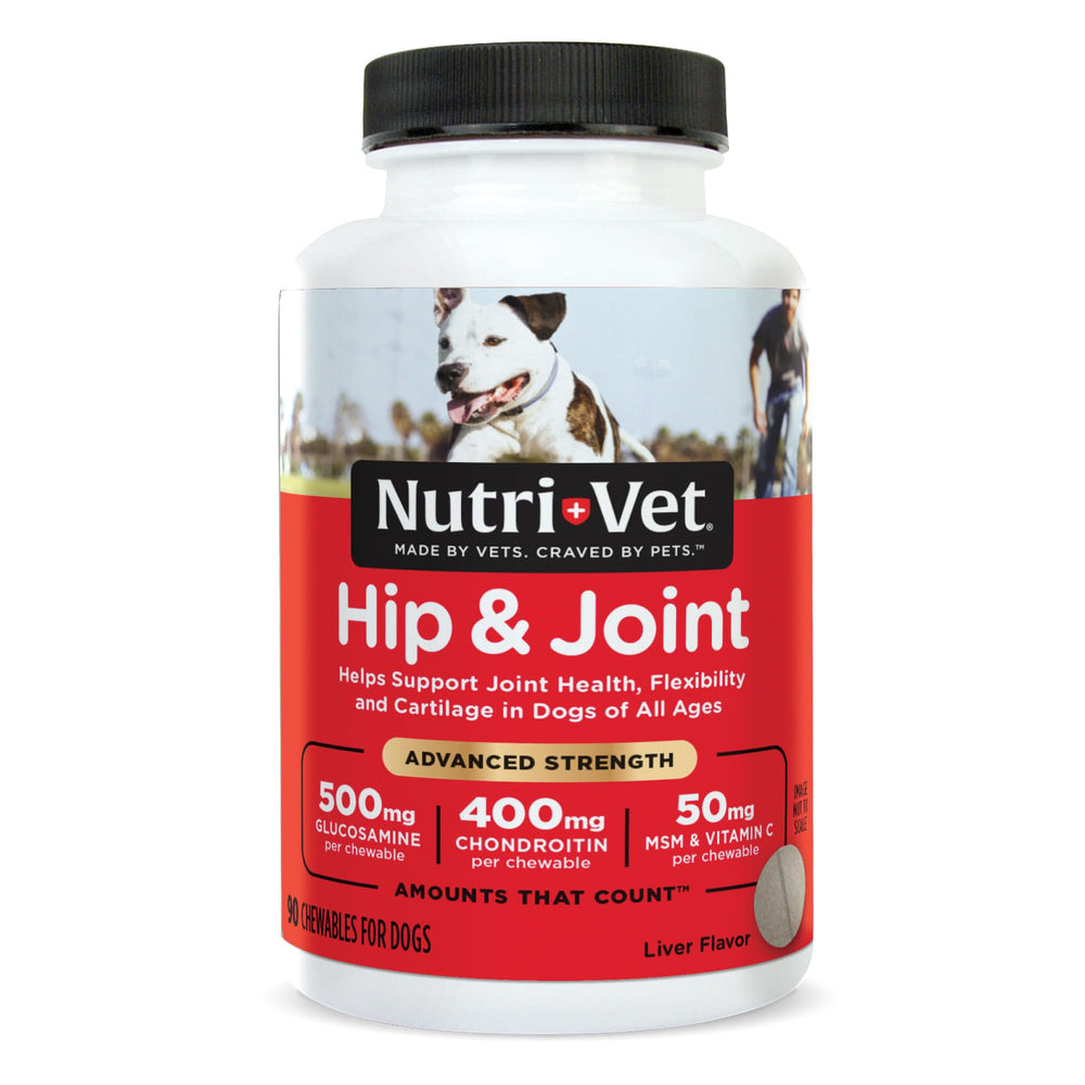 Nutri-Vet Hip and Joint Advanced Strength chews in liver flavor support mobility.