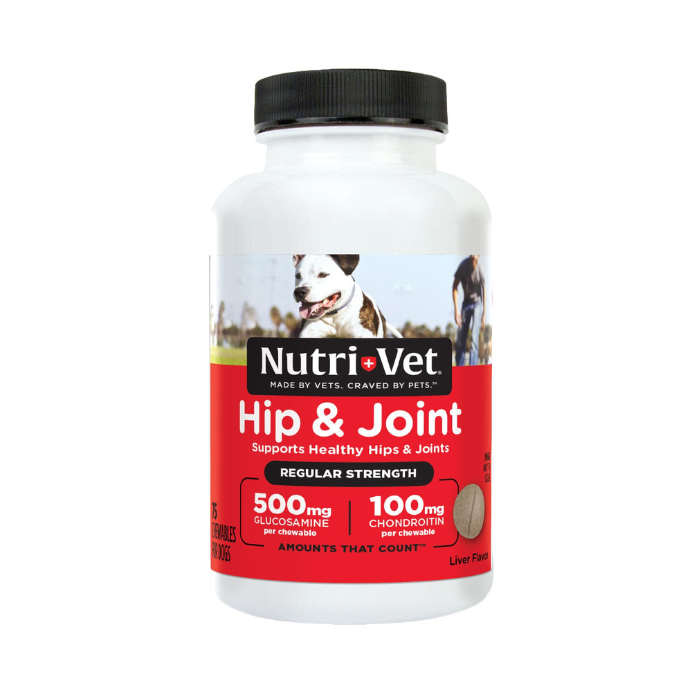 Nutri-Vet Hip & Joint Regular Strength bottle shows glucosamine and chondroitin for joints