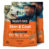 Nutri-Vet Skin & Coat Biscuits packaging label highlighting USA-made dog treats for coat health.