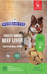 Nutri Bites freeze-dried beef liver treats in bag, high-protein snack for dogs and cats.