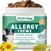 Nutridog Allergy Chews package front showing salmon flavor and probiotic benefits.