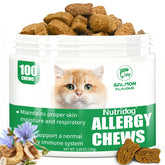 Nutridog cat allergy relief chews bottle label showing daily relief potential