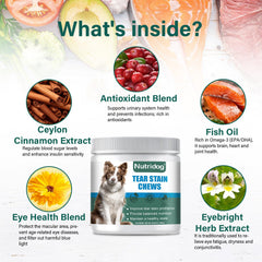 Nutridog Tear Stain Chews close-up; beef-flavored treats support tear stain care.