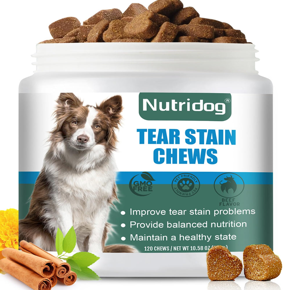 Nutridog Tear Stain Chews bottle front; beef-flavored daily eye-area care.
