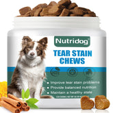 Nutridog Tear Stain Chews bottle front; beef-flavored daily eye-area care.