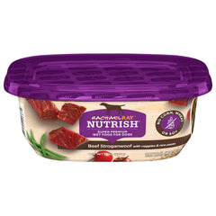 Nutrish Beef Stroganwoof tub closeup shows tender beef morsels.