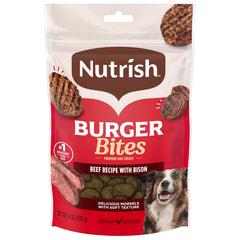 Nutrish Burger Bites real beef ingredient highlight for quality flavor.