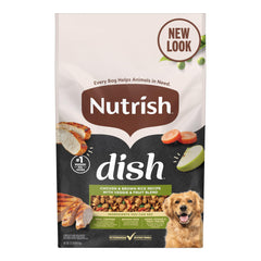 Nutrish Dish chicken brown rice chunks in bowl; protein-rich texture dogs love