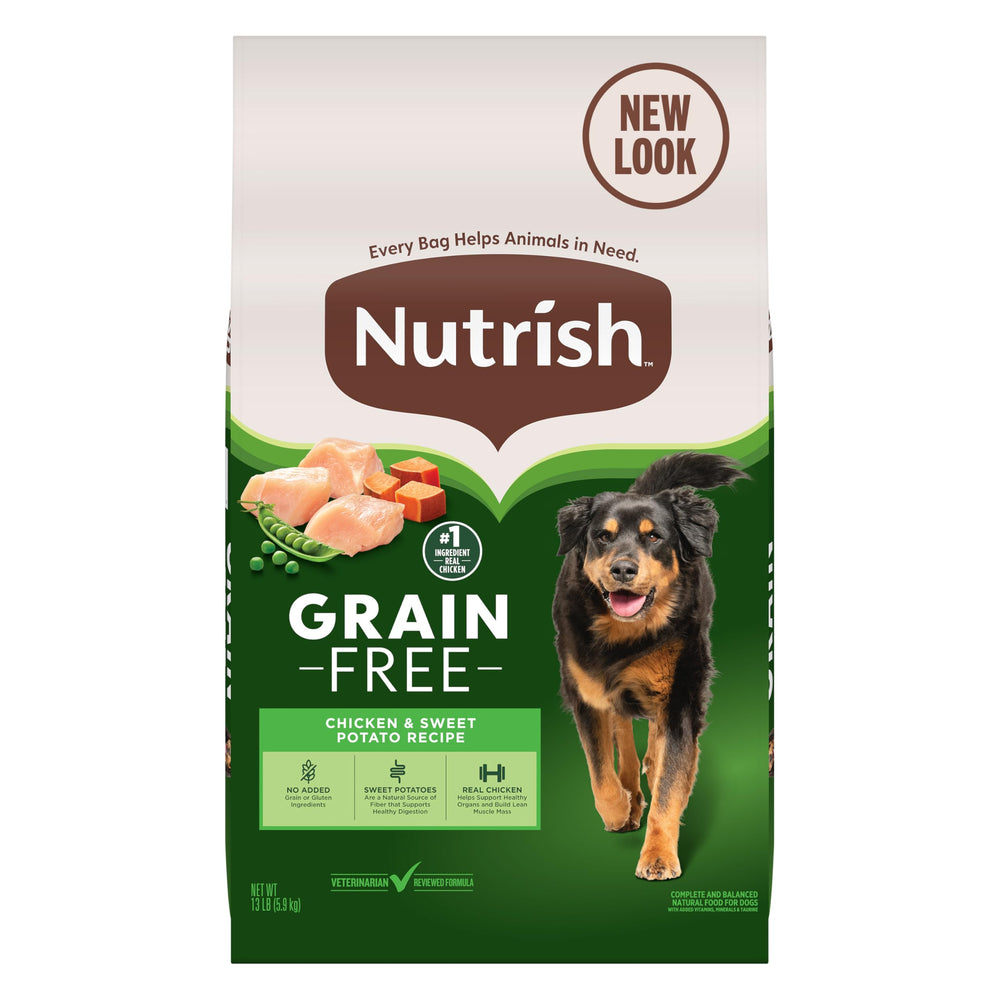 Nutrish grain-free bag showing real chicken for lean muscle support