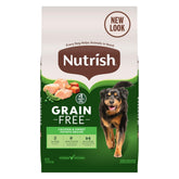 Nutrish grain-free bag showing real chicken for lean muscle support