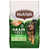 Nutrish Grain Free Dry Dog Food bag front; real chicken supports lean muscles.