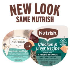 Nutrish grain-free wet cat food sauce in 2.8 oz cups for easy feeding.