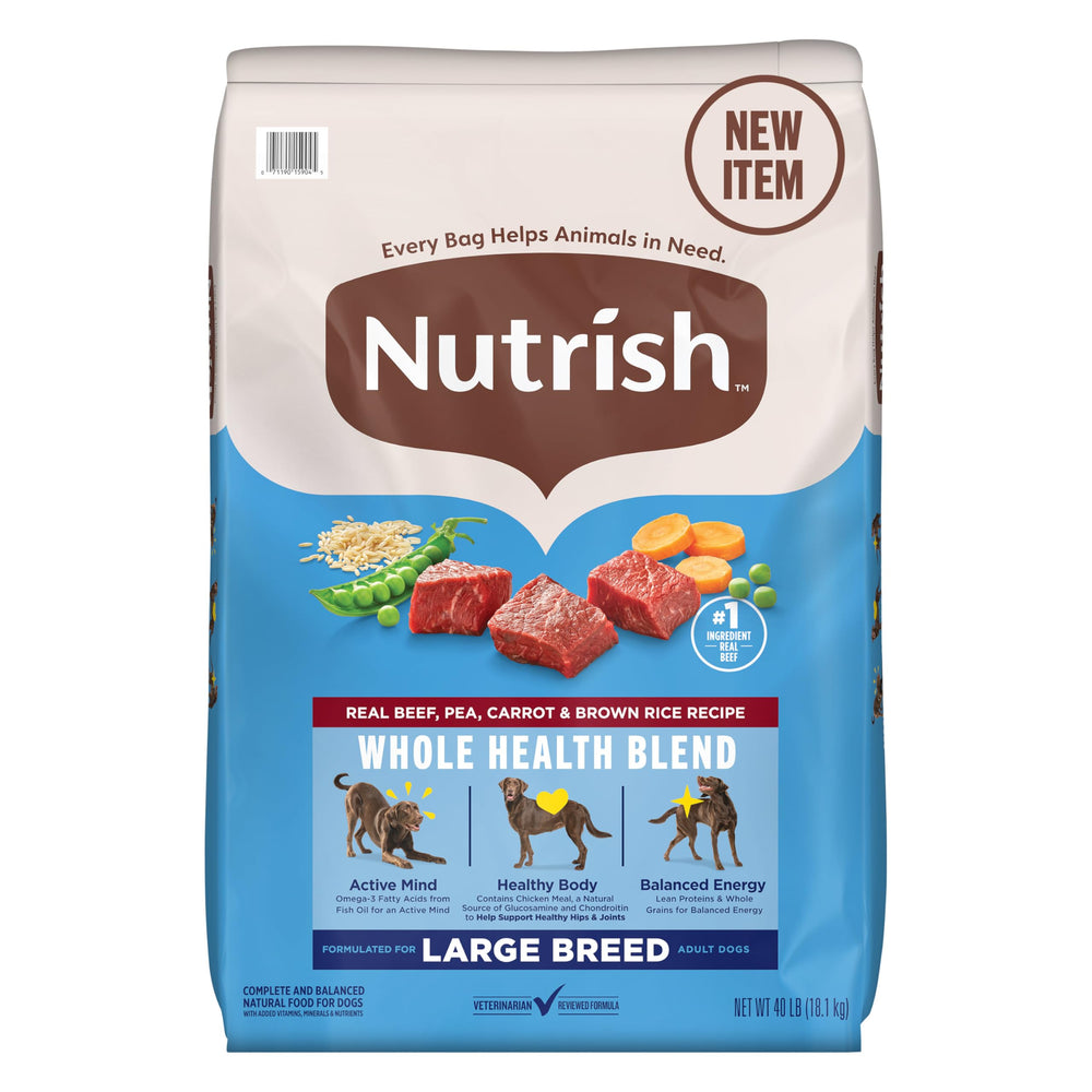 Nutrish Large Breed beef recipe bag showing real beef and ingredients for lean muscles