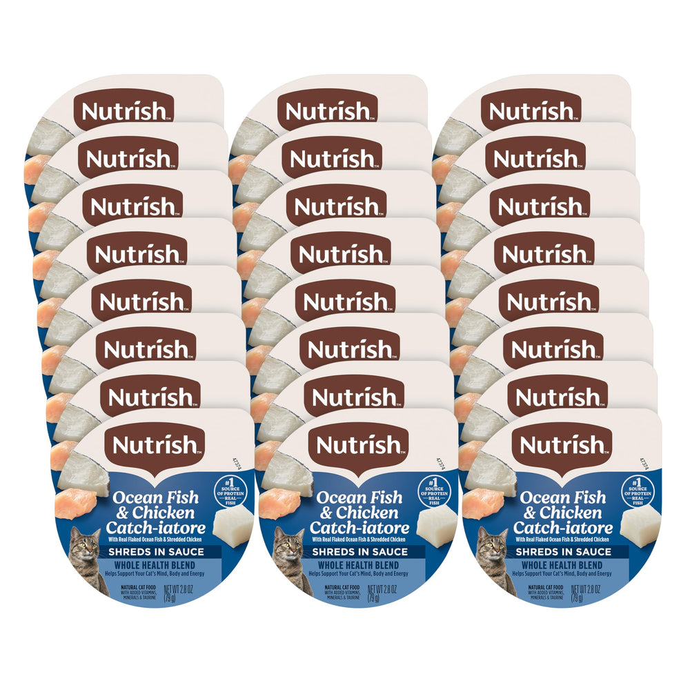 Nutrish Ocean Fish & Chicken Catch-iatore pack of 24 tubs ready for daily meals.