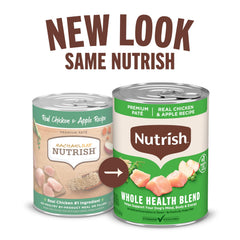 Nutrish Paté highlights apple and brown rice ingredients for balanced nutrition.