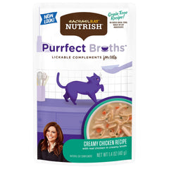 Nutrish Purrfect Broths pouch with creamy chicken bisque for hydration.