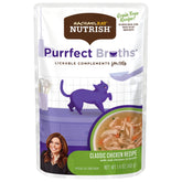 Nutrish Purrfect Broths lickable pouch with chicken, ideal topper for dry cat food.