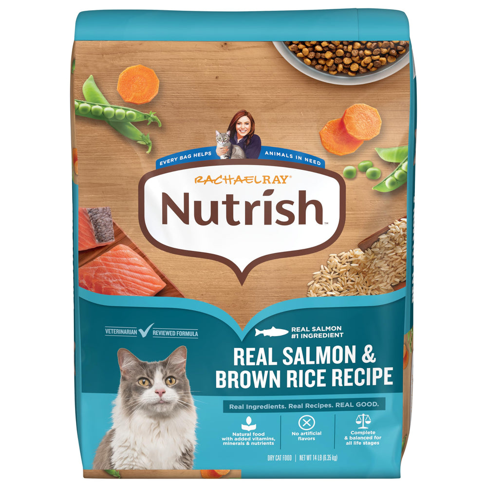 Nutrish Rachael Ray salmon brown rice dry cat food bag front, supports everyday nourishment