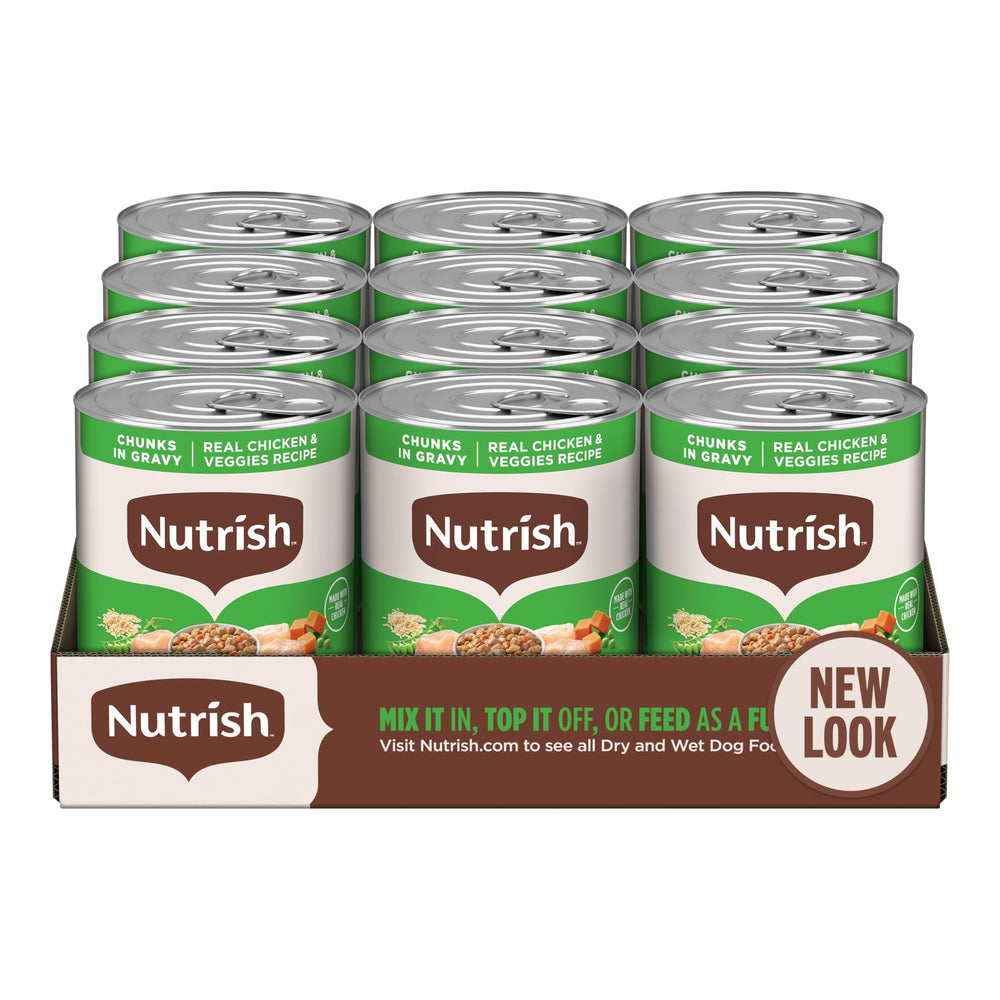 Nutrish Rachael Ray wet dog food with real chicken and vegetables in gravy for tasty meals