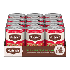 Nutrish Real Beef & Veggies chunks in gravy close view with real beef and vegetables