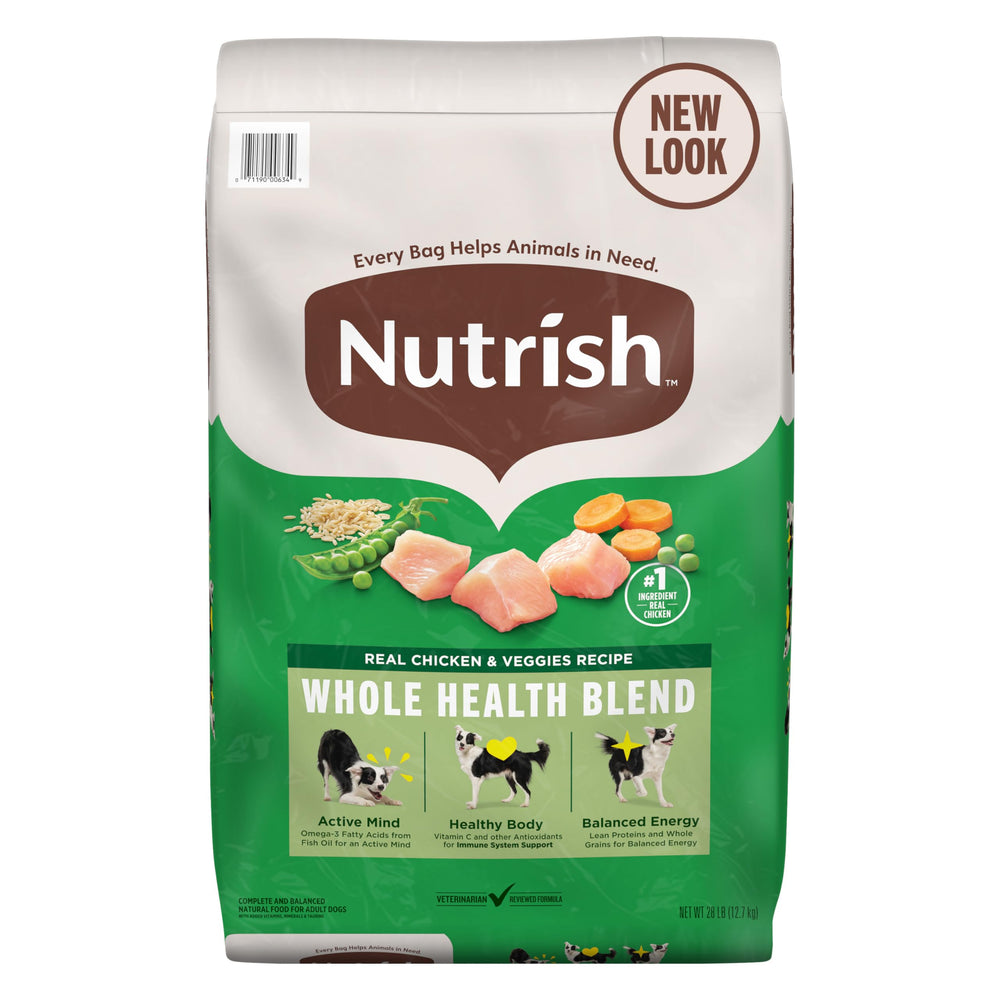 Nutrish Real Chicken & Veggies kibble in a 28 lb bag supports lean muscles