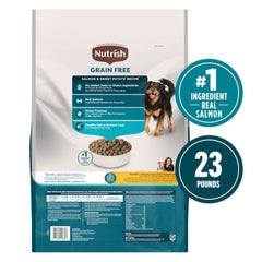 Nutrish salmon ingredient close-up, highlighting grain-free formula and no by-product