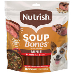 Nutrish Soup Bones Minis bag closeup highlights resealable packaging for freshness.