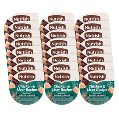 Nutrish wet cat food tub with real shredded chicken and liver morsels in sauce.