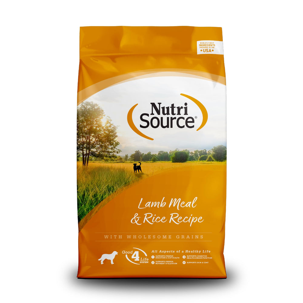 NutriSource adult dry dog food bag with lamb meal and rice for balanced all-life-stages nutrition