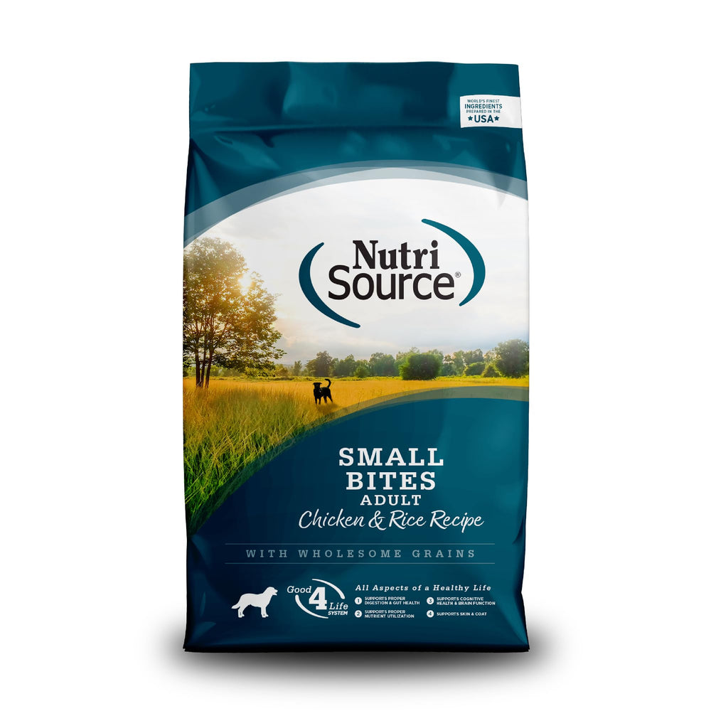 NutriSource 12lb bag of Adult Dry Dog Food Small Bites with chicken and rice for easy storage