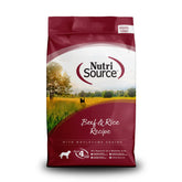 NutriSource beef and rice dry dog food 4lb bag front, grain-inclusive formula supporting digestive comfort.