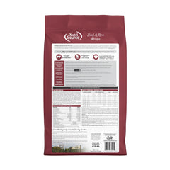 Nutritional panel on NutriSource Beef and Rice bag for clear feeding guidance.