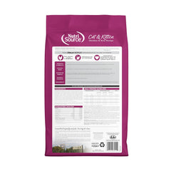 NutriSource cat-kitten bag label closeup emphasizes protein and grain-inclusive options.