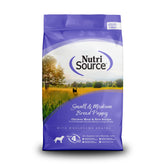 NutriSource puppy food bag 12lb shown, convenient feeding for small to medium breeds.