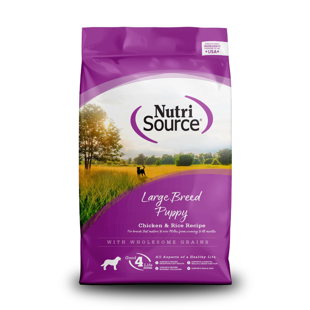 NutriSource large-breed puppy bag front highlights chicken and rice nutrition.