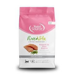 NutriSource Pure Vita grain-free cat food in a bowl with salmon and peas, ideal for grain-free meals.