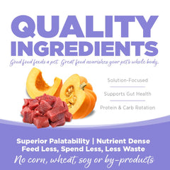 Visual of ingredients and recipe concept for NutriSource Pure Vita Lamb & Pumpkin.